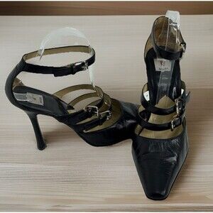 Bakers Leather Heels Shiny Black Square Toe Goth Egyptian Witch Strappy US 9 B